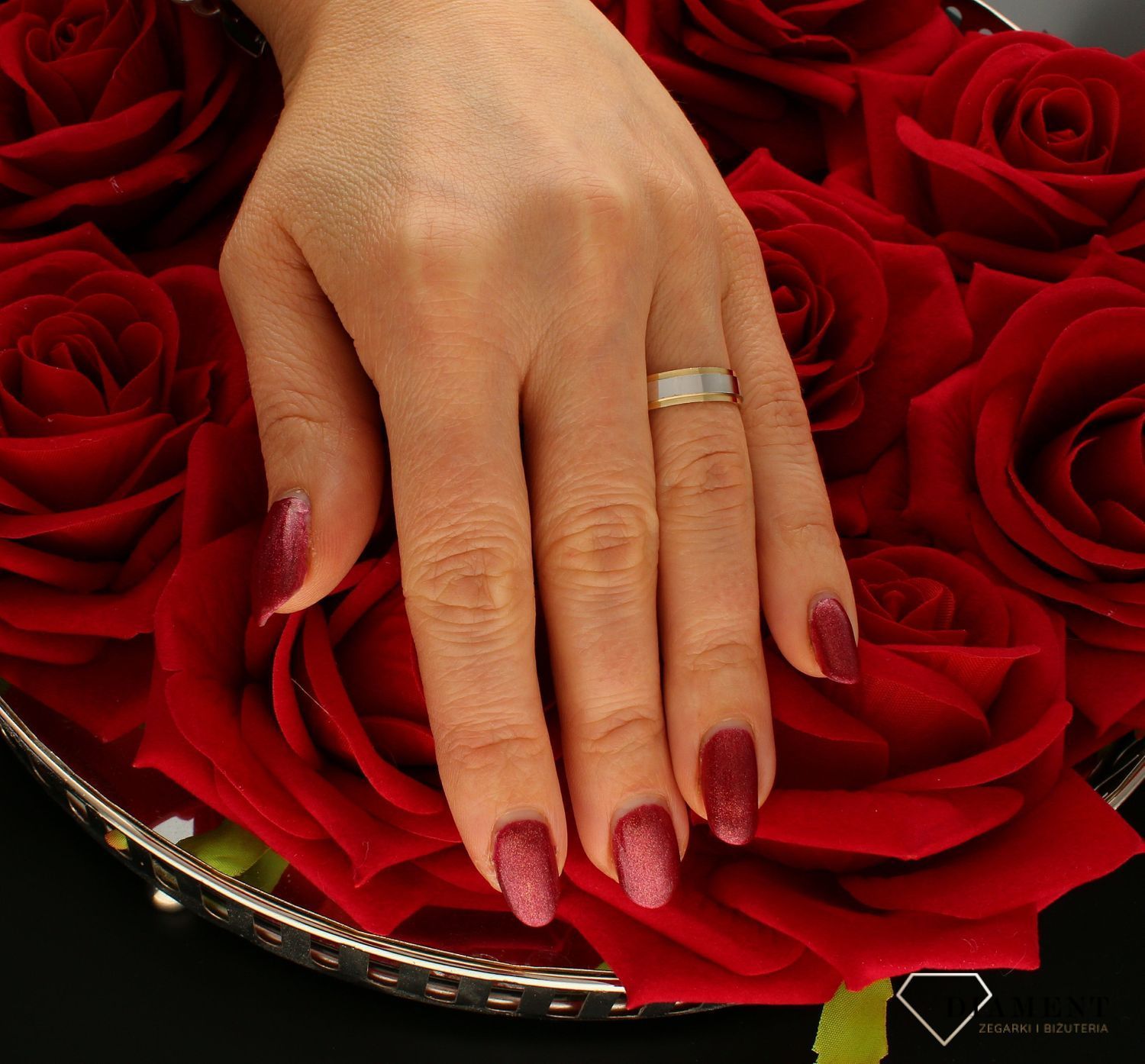 Złota obrączka damska z białym złotem 585  Płaska 5 mm  Rozmiar 15.jpg